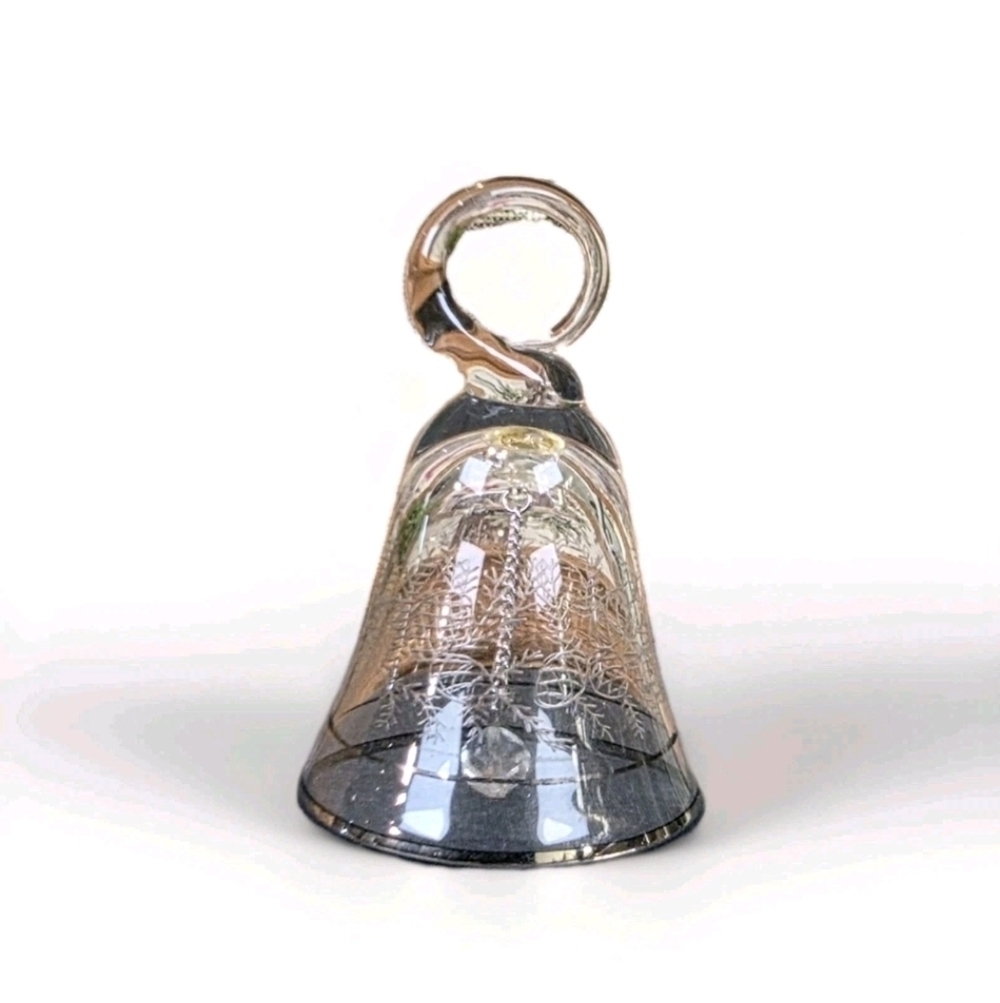 Vintage 1983 Etched Glass Christmas Bell Ornament - Silver Rim & Clapper